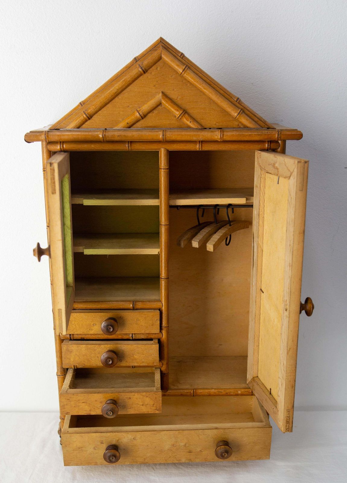 French Elm Burl & Beveled Mirror Doll Wardrobe Bamboo Children Toy, Circa 1900 photo vintage