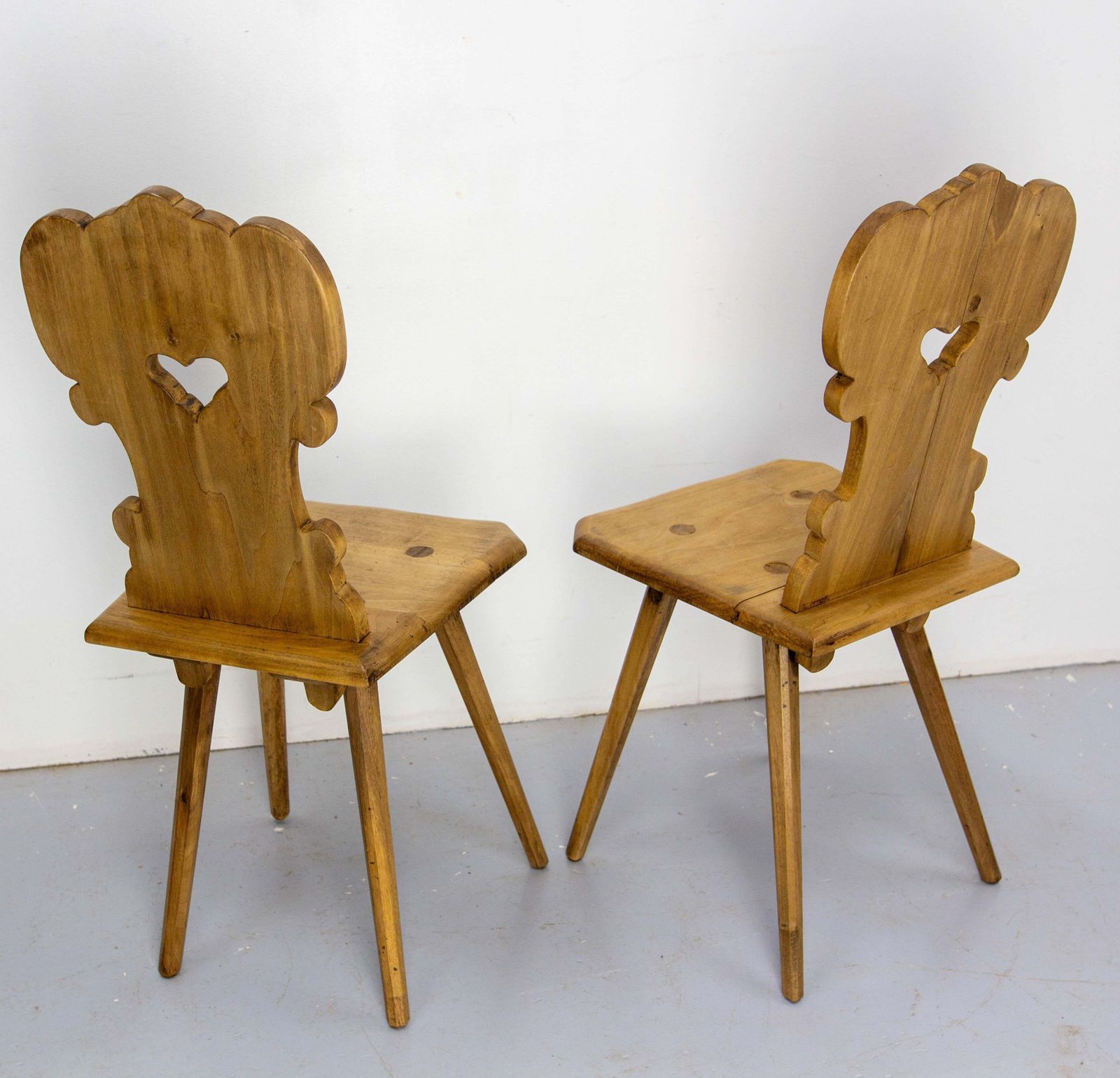 Midcentury French Pair Of Side Poplar Chairs Swiss Alp Style, Early 19th Century photo vintage