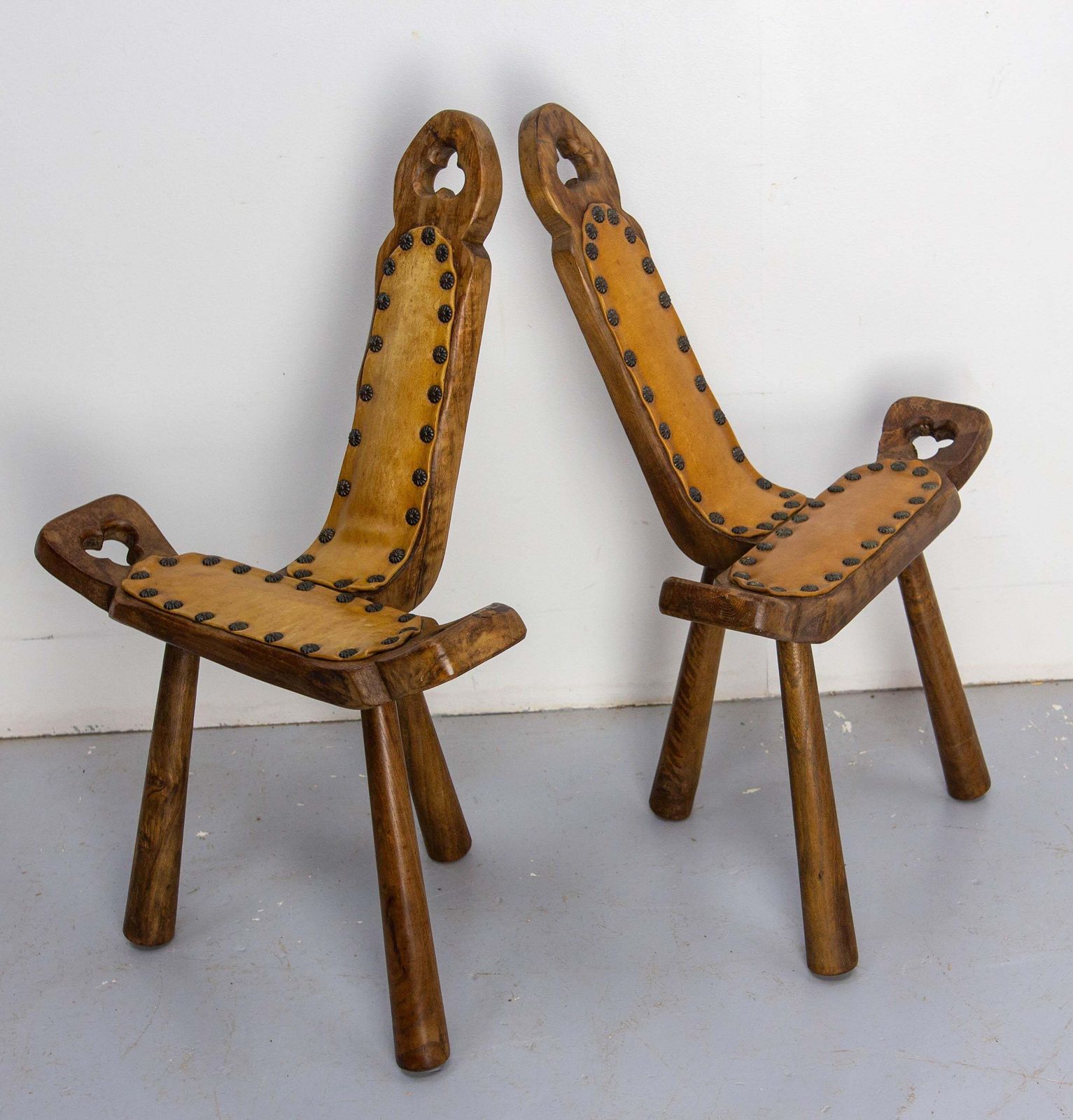 Pair Of Spanish Tripod Chairs Three Legs Poplar & Leather Midcentury photo for sale