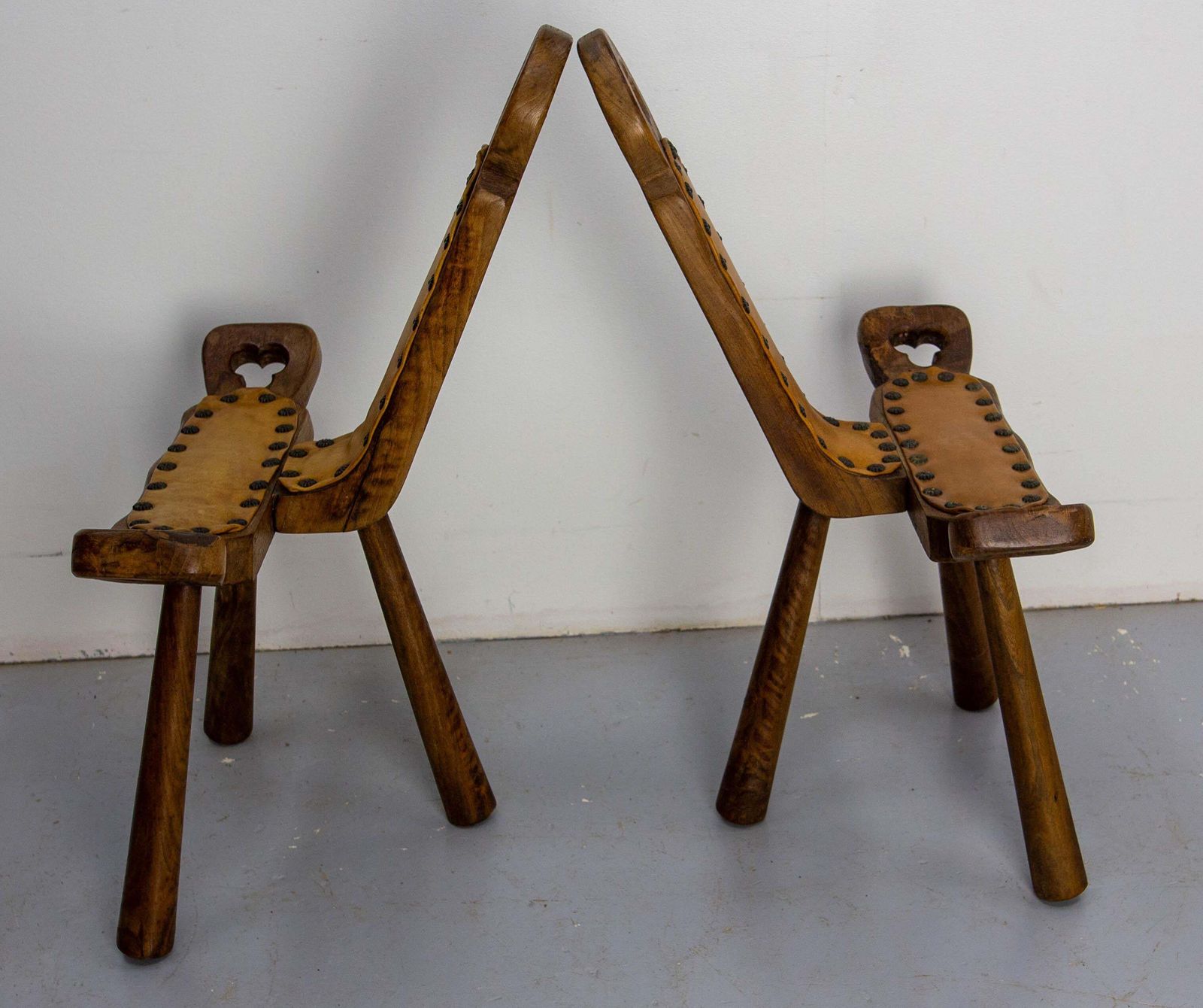 Pair Of Spanish Tripod Chairs Three Legs Poplar & Leather Midcentury photo Furniture