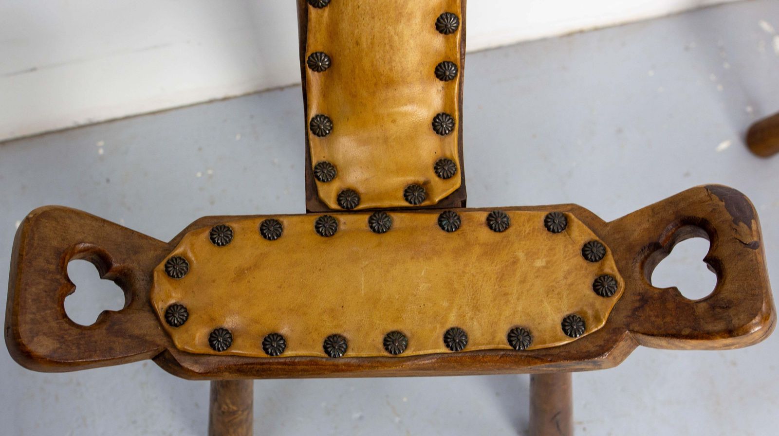 Pair Of Spanish Tripod Chairs Three Legs Poplar & Leather Midcentury photo vintage