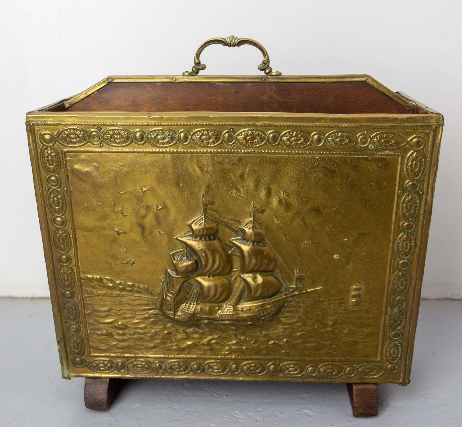 French Magazine Rack Embossed Brass & Wood Representing Spanish Galleons C. 1960 photo furniture