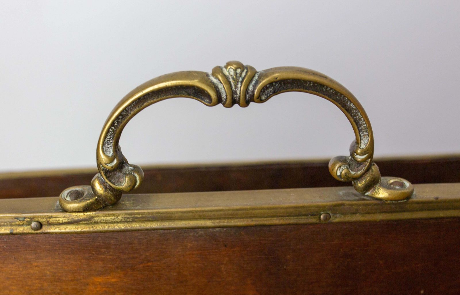 Furniture French Magazine Rack Embossed Brass & Wood Representing Spanish Galleons C. 1960 photo