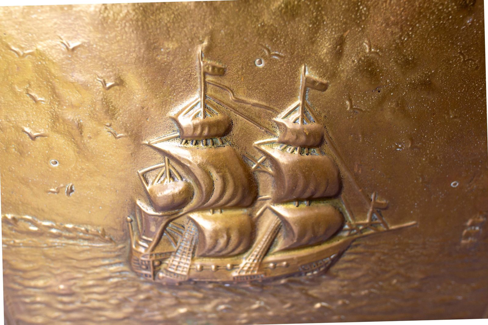 562.0 French Magazine Rack Embossed Brass & Wood Representing Spanish Galleons C. 1960 photo