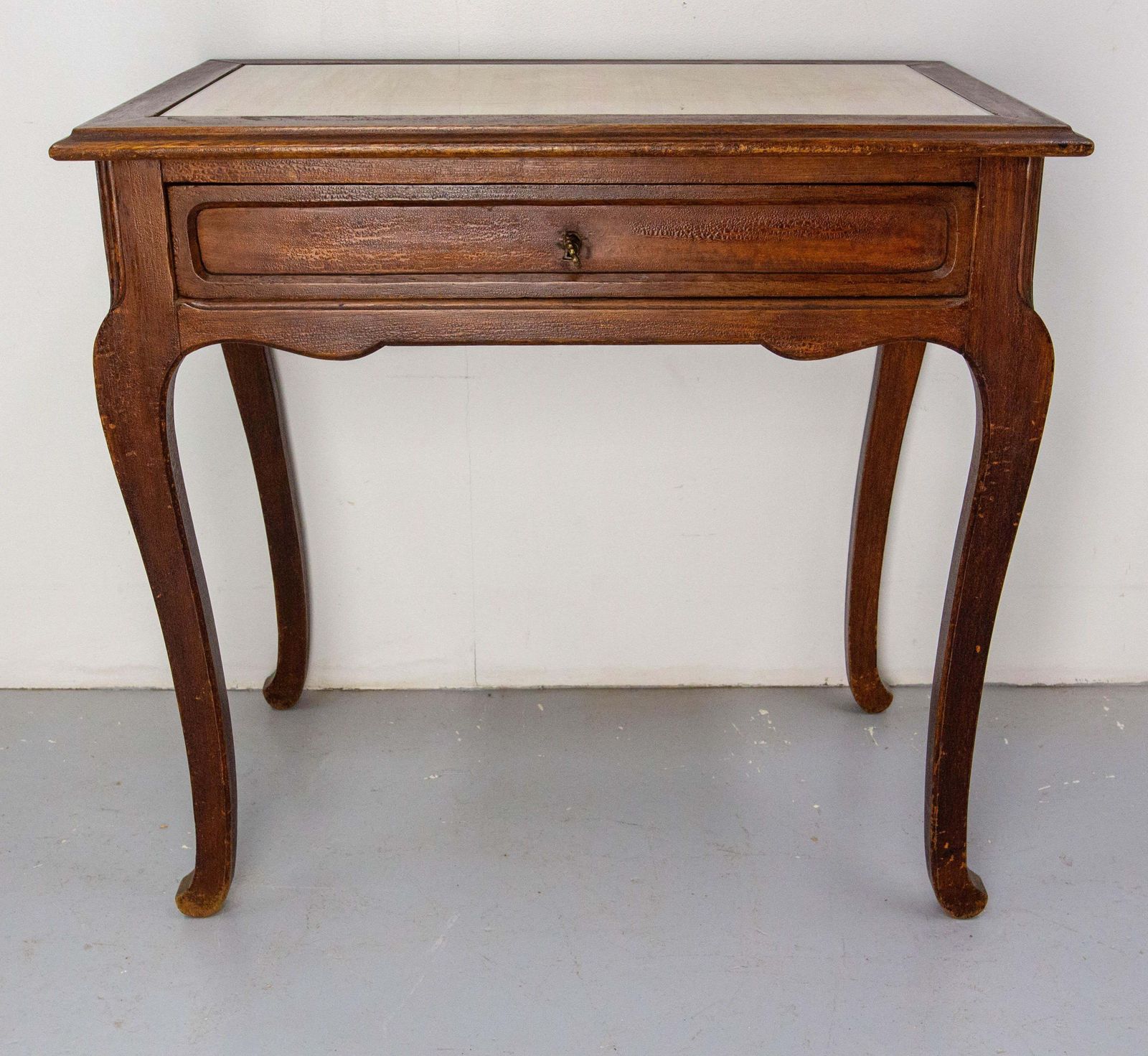 French Art Nouveau Wood Side Table Writing Table Glass Top One Drawer, C 1920 photo for sale