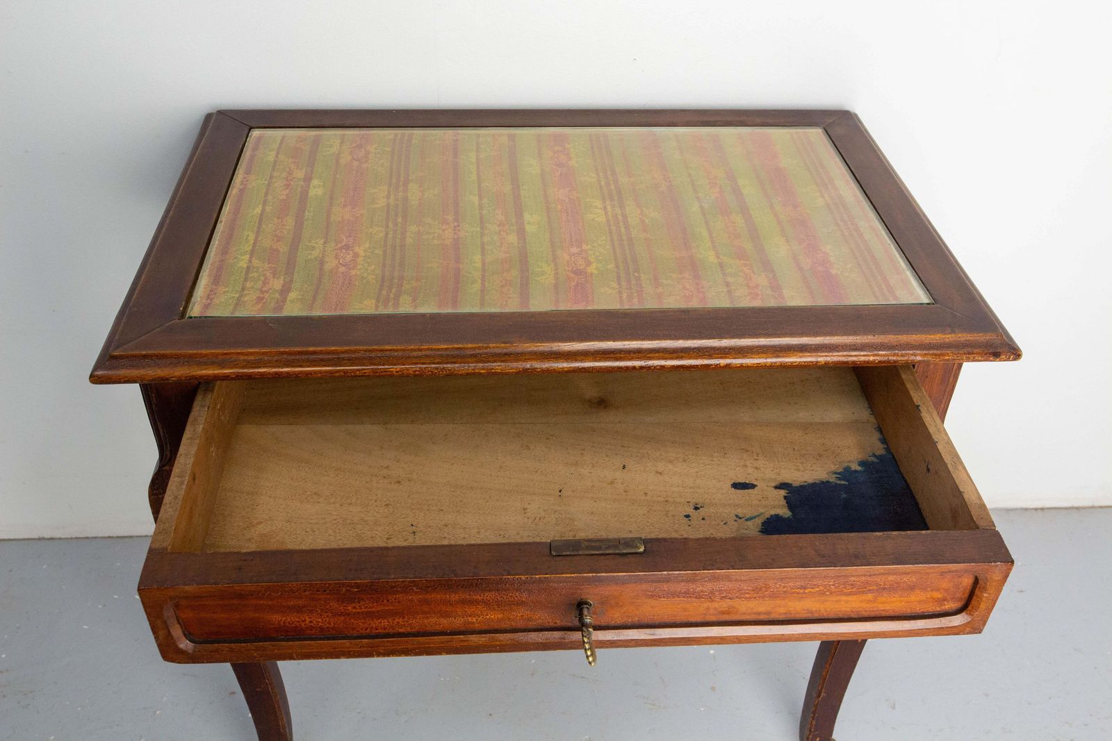 photo furniture French Art Nouveau Wood Side Table Writing Table Glass Top One Drawer, C 1920