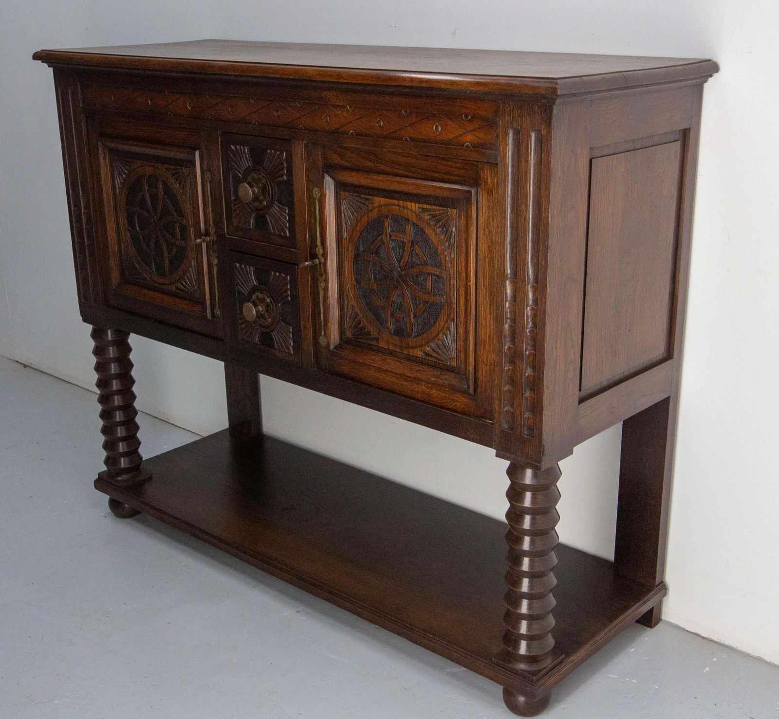 French Vintage Oak & Wrought Iron Buffet Neogothic Style Midcentury photo 2322.0