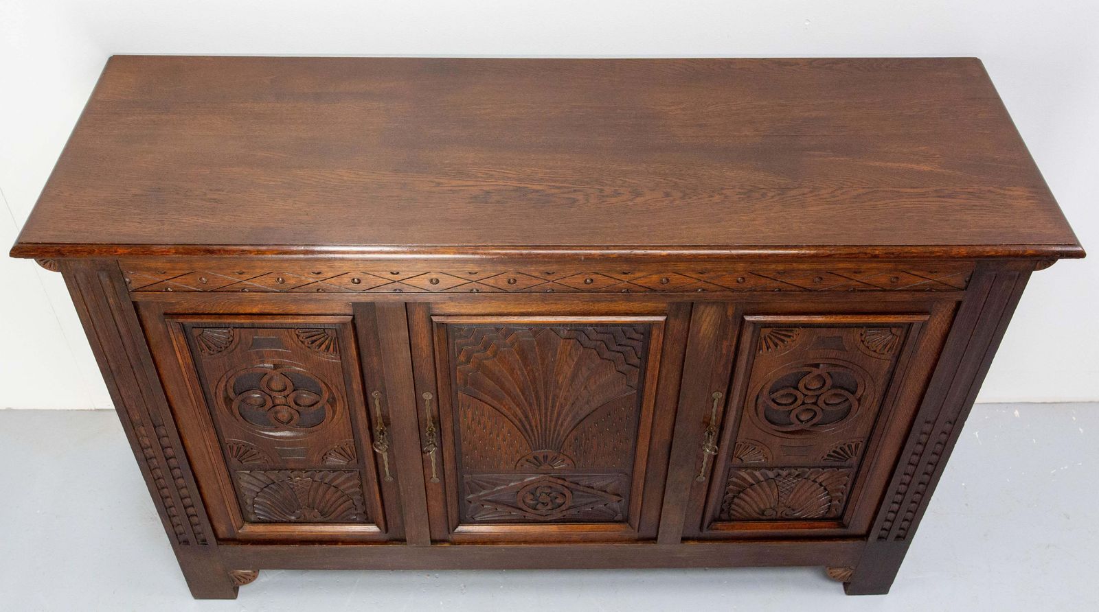 French Vintage Oak & Wrought Iron Buffet Neogothic Style Basque Cross Midcentury photo vinterior