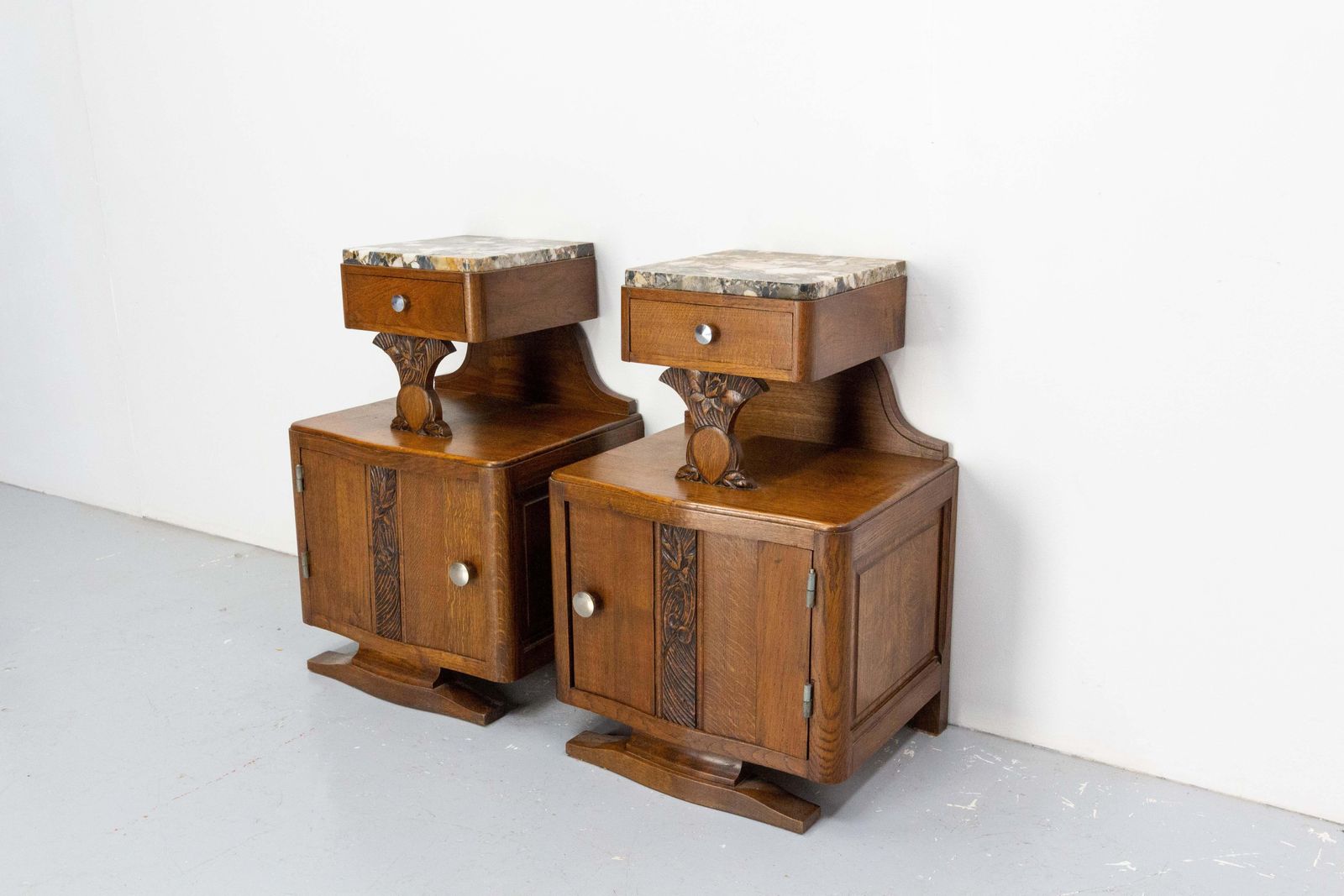 French Pair Of Nightstands Side Cabinets Bedside Oak &Marble Top Midcentury photo for sale