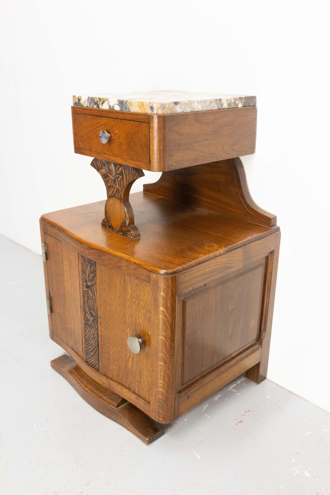 French Pair Of Nightstands Side Cabinets Bedside Oak &Marble Top Midcentury photo vinterior