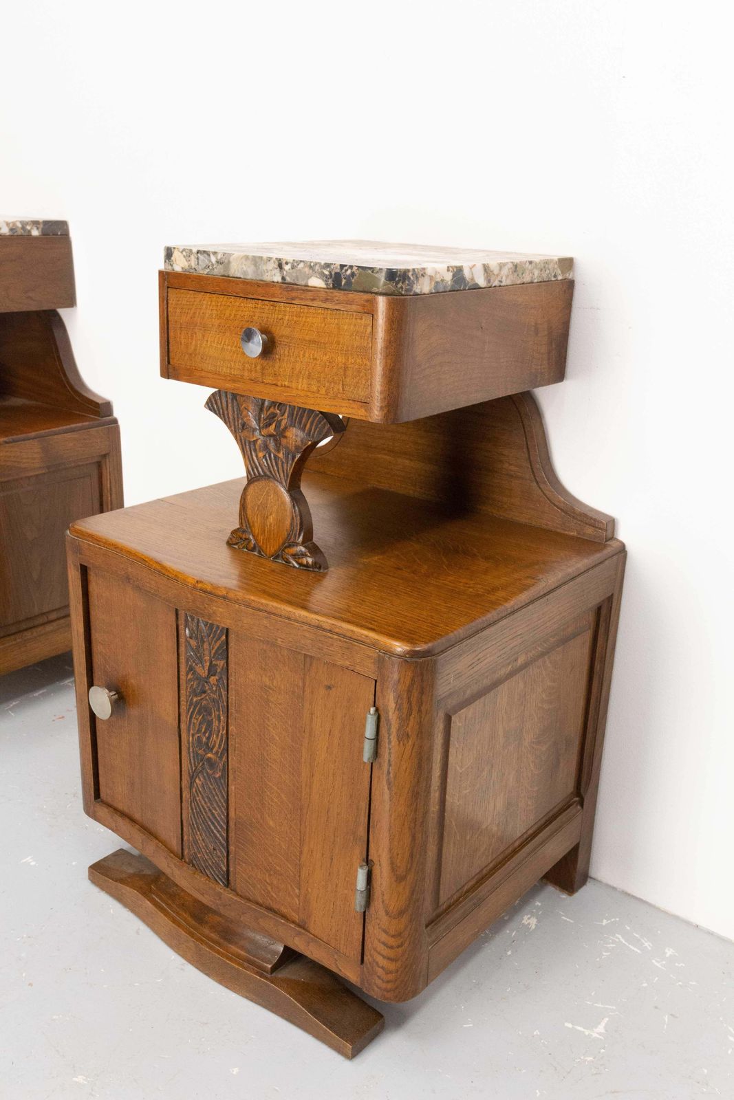 photo furniture French Pair Of Nightstands Side Cabinets Bedside Oak &Marble Top Midcentury