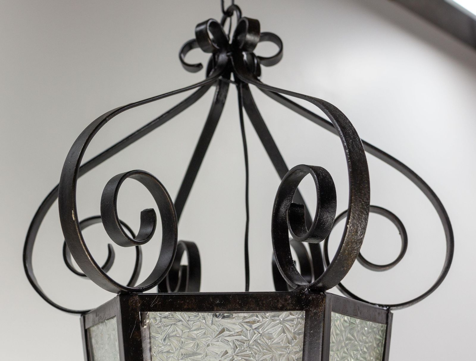 Iron Textured & Colored Glass Ceiling Lamp Lustre French Lantern, Circa 1960 photo buy