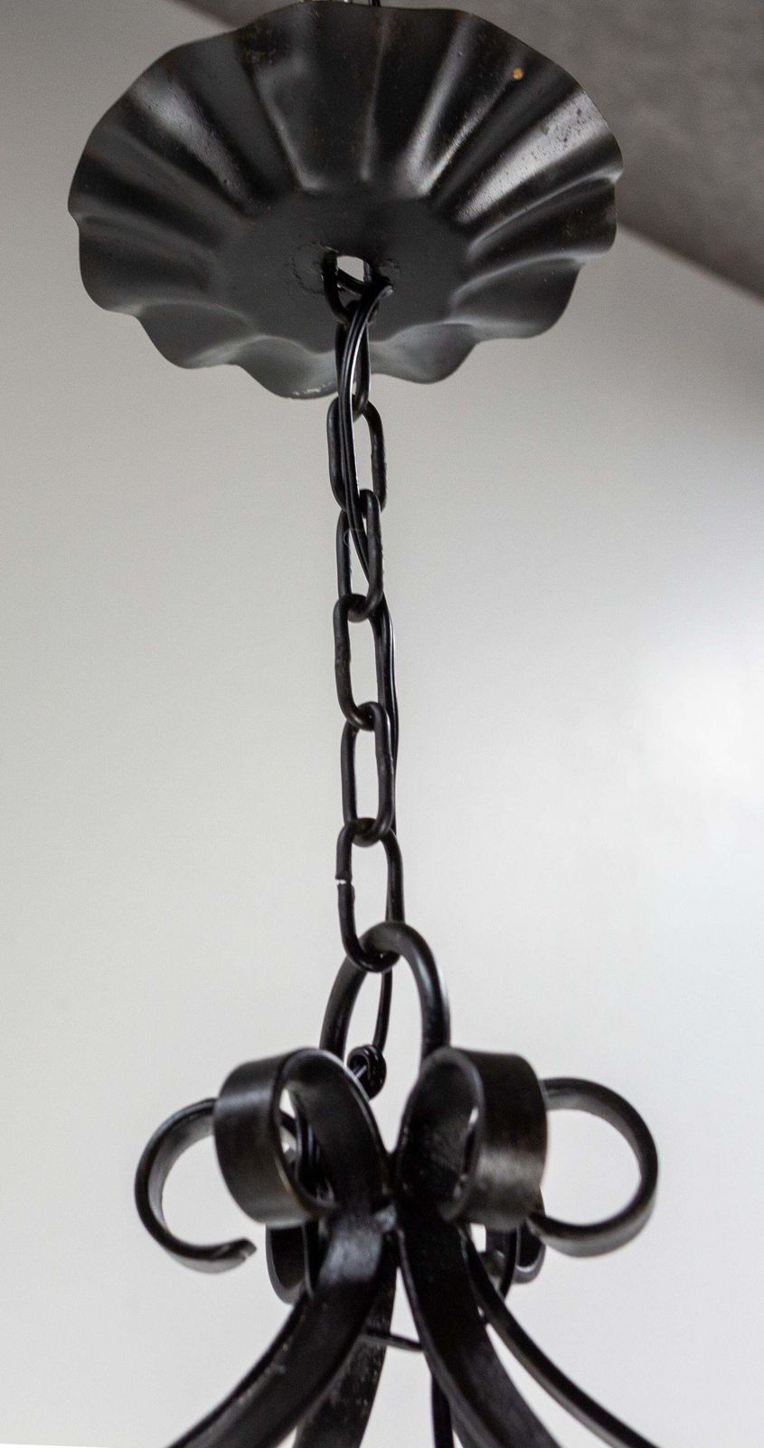 Iron Textured & Colored Glass Ceiling Lamp Lustre French Lantern, Circa 1960 photo vintage