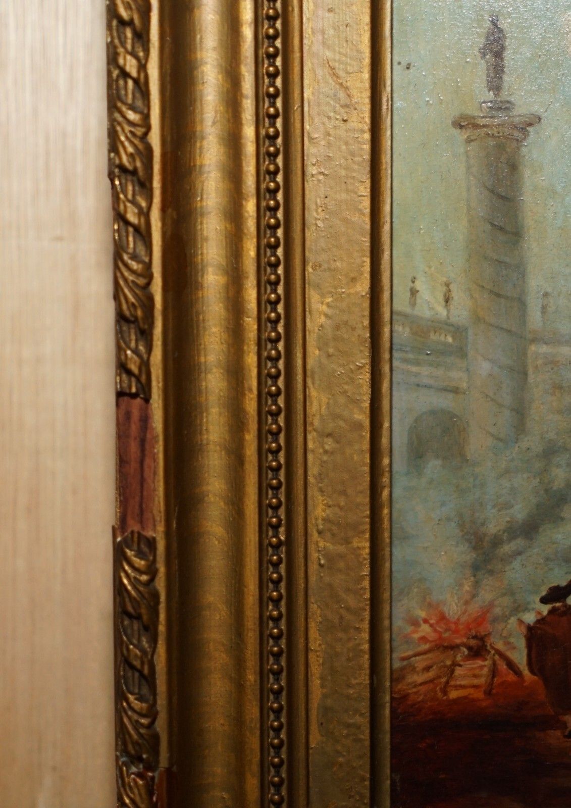 photo for sale Antique Grand Tour Marcus Aurelius Statue Corinthian Pillar Roman Oil Painting