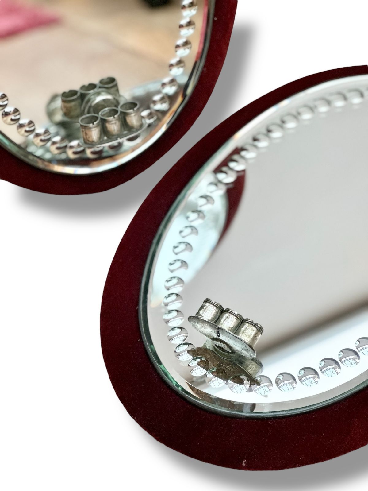 Pair 19th Century Irish Sorcerers Mirrors With Candle Sconces In Red Velvet Frame photo Home Decor