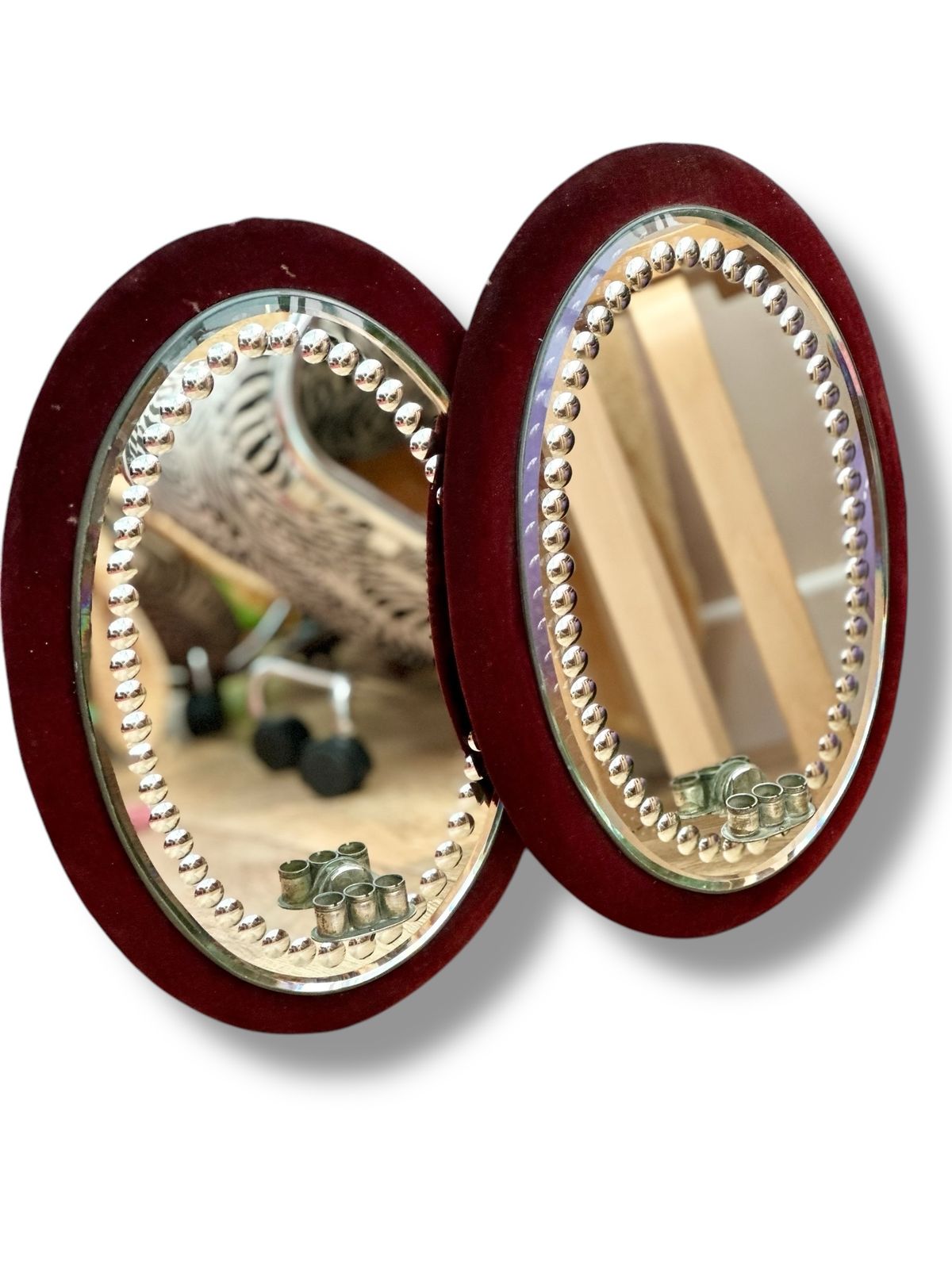 Pair 19th Century Irish Sorcerers Mirrors With Candle Sconces In Red Velvet Frame photo 1400.0