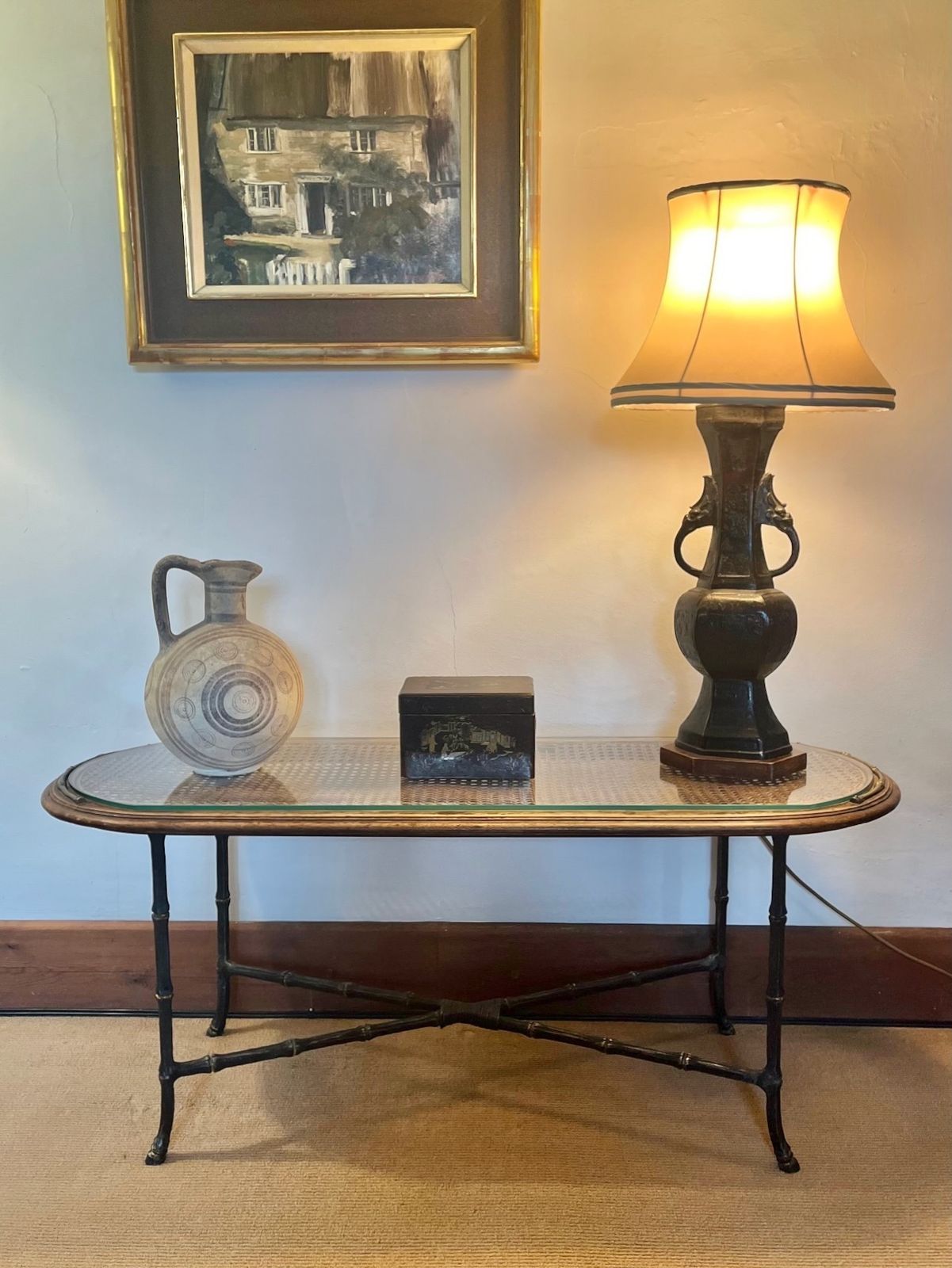 Vintage Mid Century French Coffee Table C.1950 Caned Glass Top Faux Bamboo Base