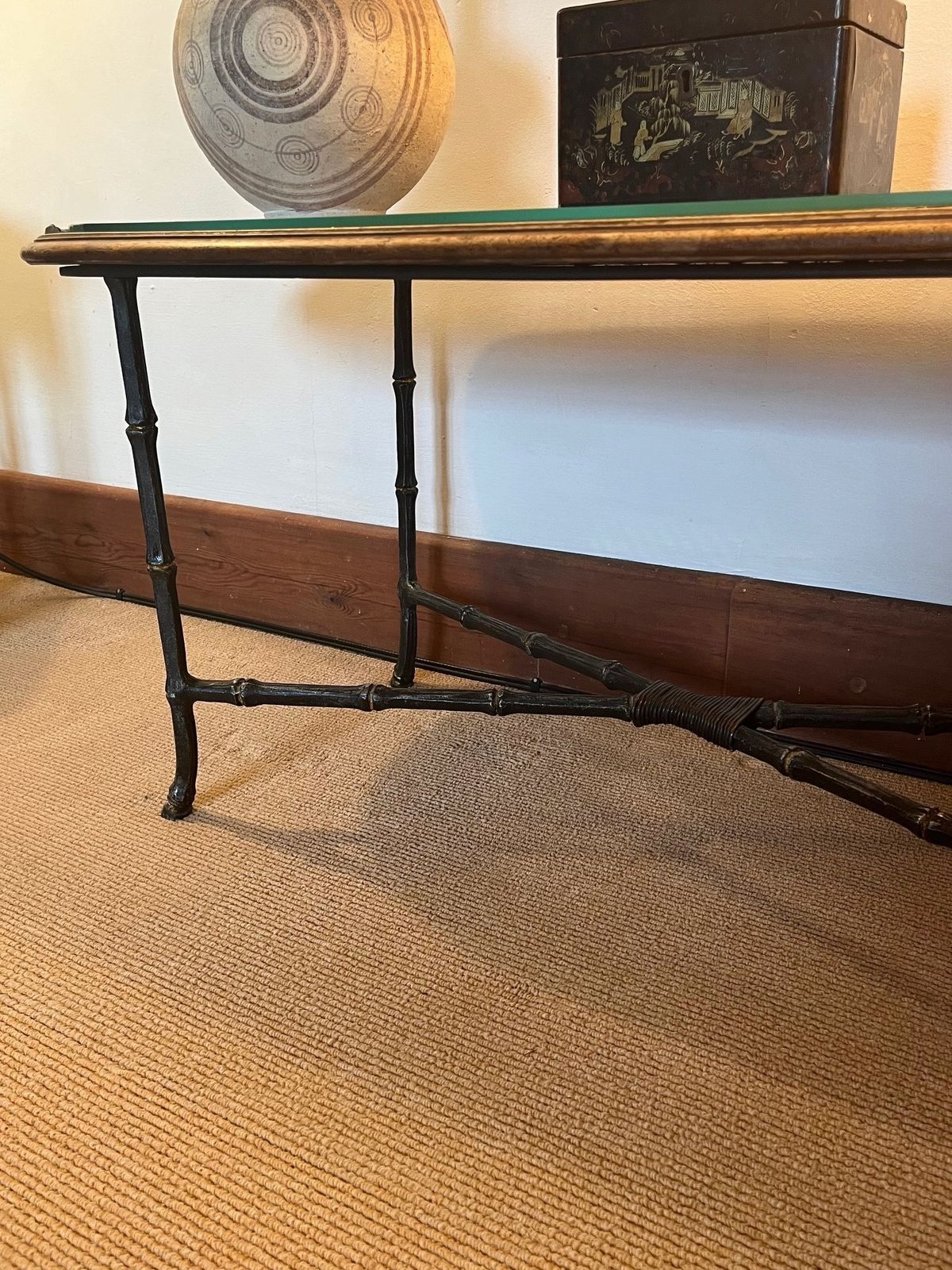 Vintage Mid Century French Coffee Table C.1950 Caned Glass Top Faux Bamboo Base photo for sale