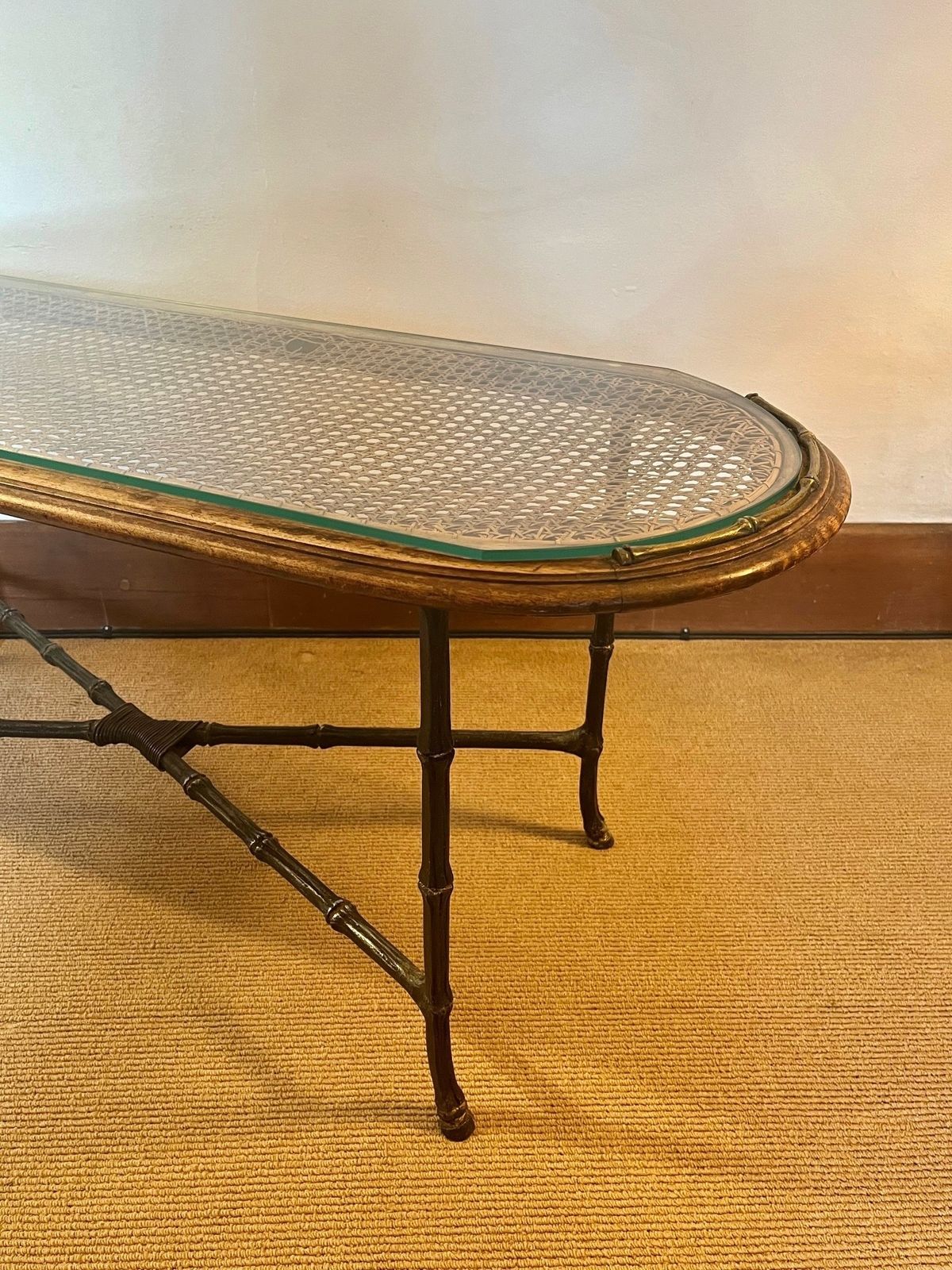 Vintage Mid Century French Coffee Table C.1950 Caned Glass Top Faux Bamboo Base photo vinterior