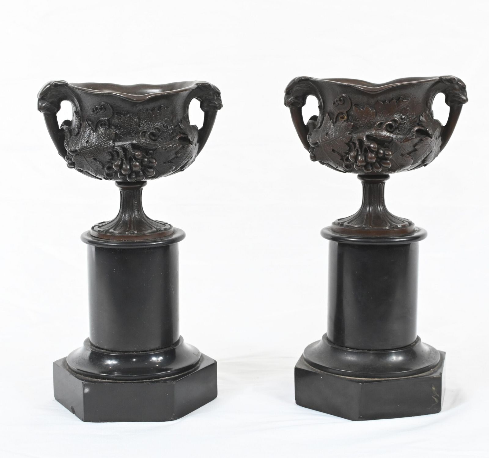 Pair Bronze Grand Tour Urns On Stands Marble Pedestal 1880 photo for sale