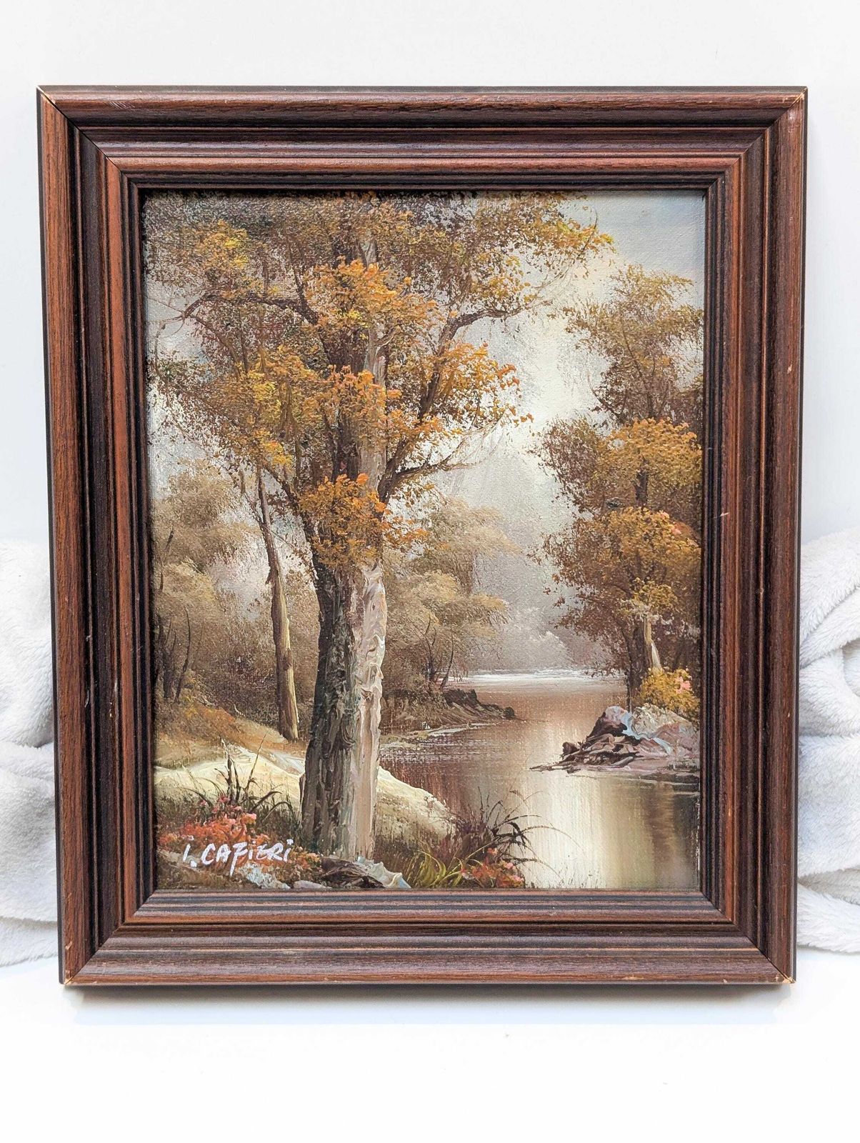 Original Vintage 1960s Small Oil Painting Landscape By I.Cafieri. Signed To Bottom Left. River, Woodland, Stream Oil Painting.