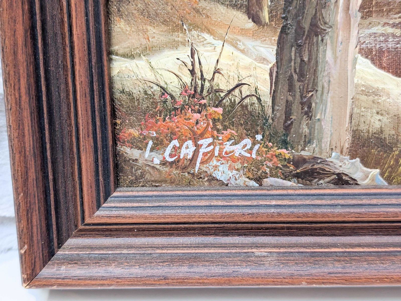 Original Vintage 1960s Small Oil Painting Landscape By I.Cafieri. Signed To Bottom Left. River, Woodland, Stream Oil Painting. photo furniture