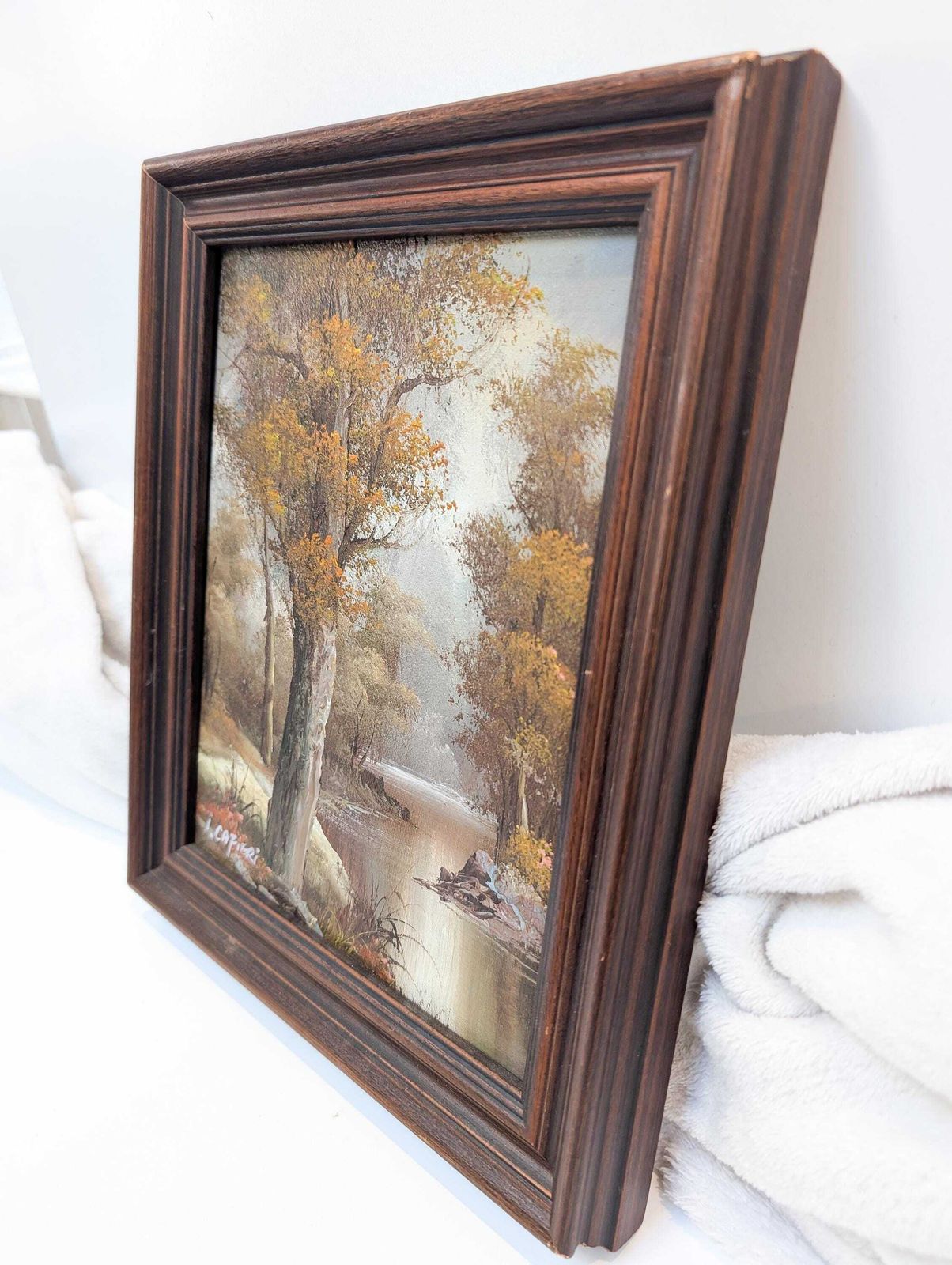 Original Vintage 1960s Small Oil Painting Landscape By I.Cafieri. Signed To Bottom Left. River, Woodland, Stream Oil Painting. photo vinterior