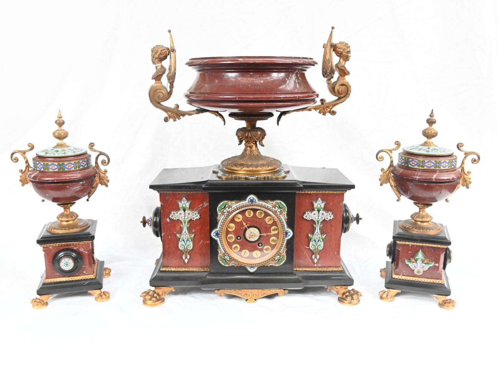 French Cloisonne Marble Clock Set Garniture Marble Aesthetic Movement photo furniture