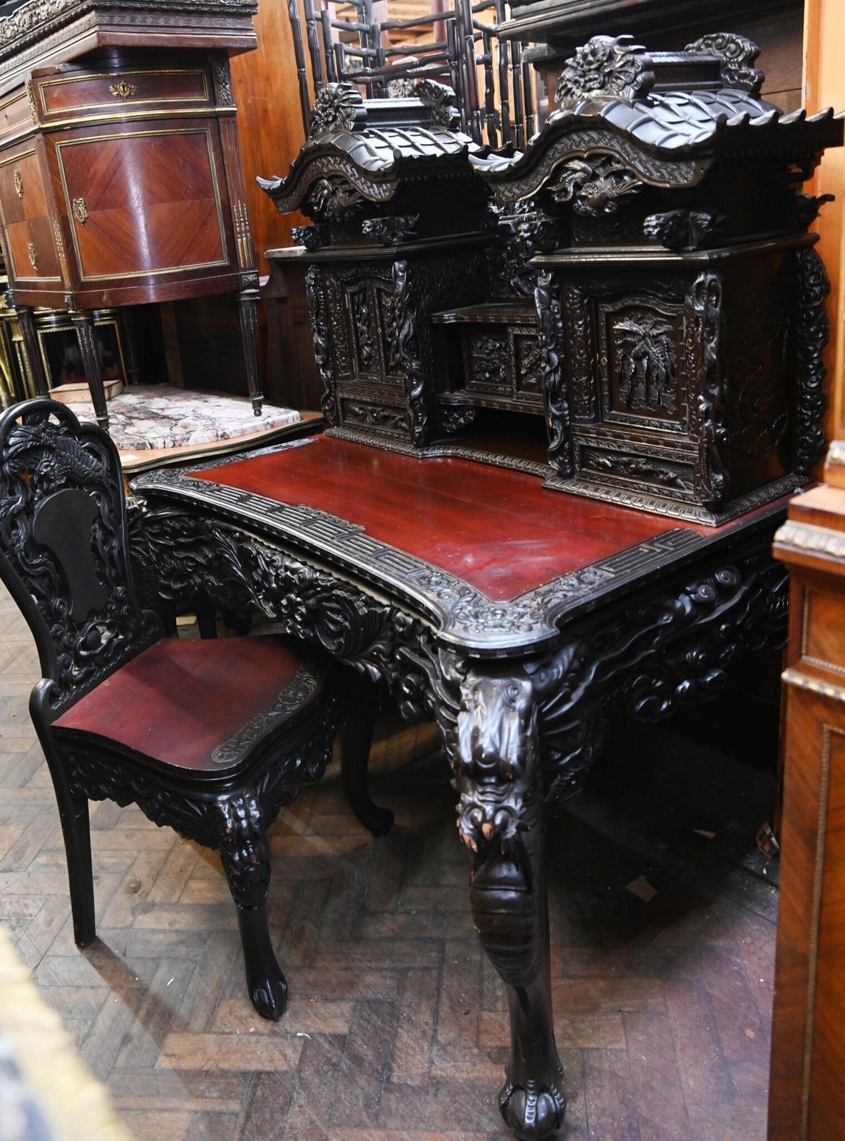 Japanese Carved Desk And Chair Set Hardwood Meije photo Furniture