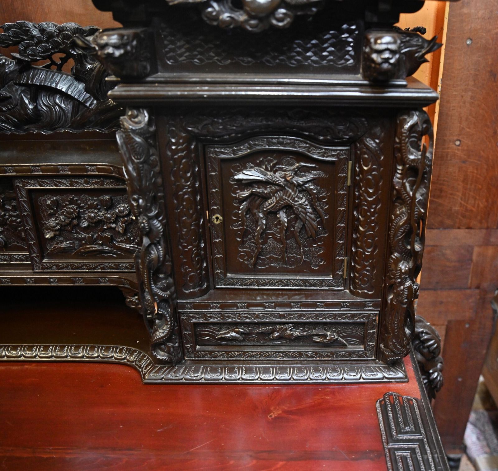 Japanese Carved Desk And Chair Set Hardwood Meije photo vinterior