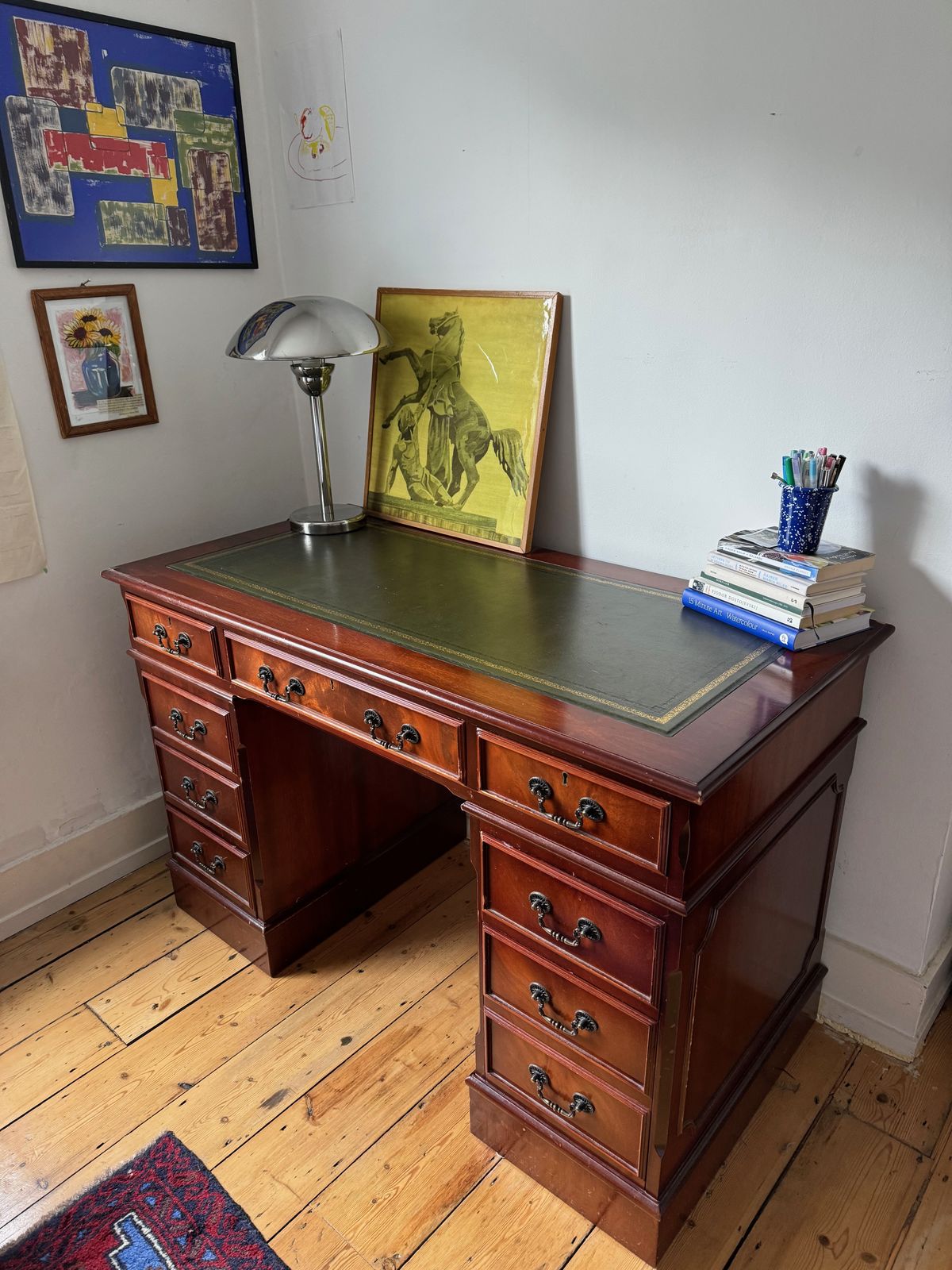 Vintage Green Leather Top Mahogany Desk – Classic & Elegant photo vinterior