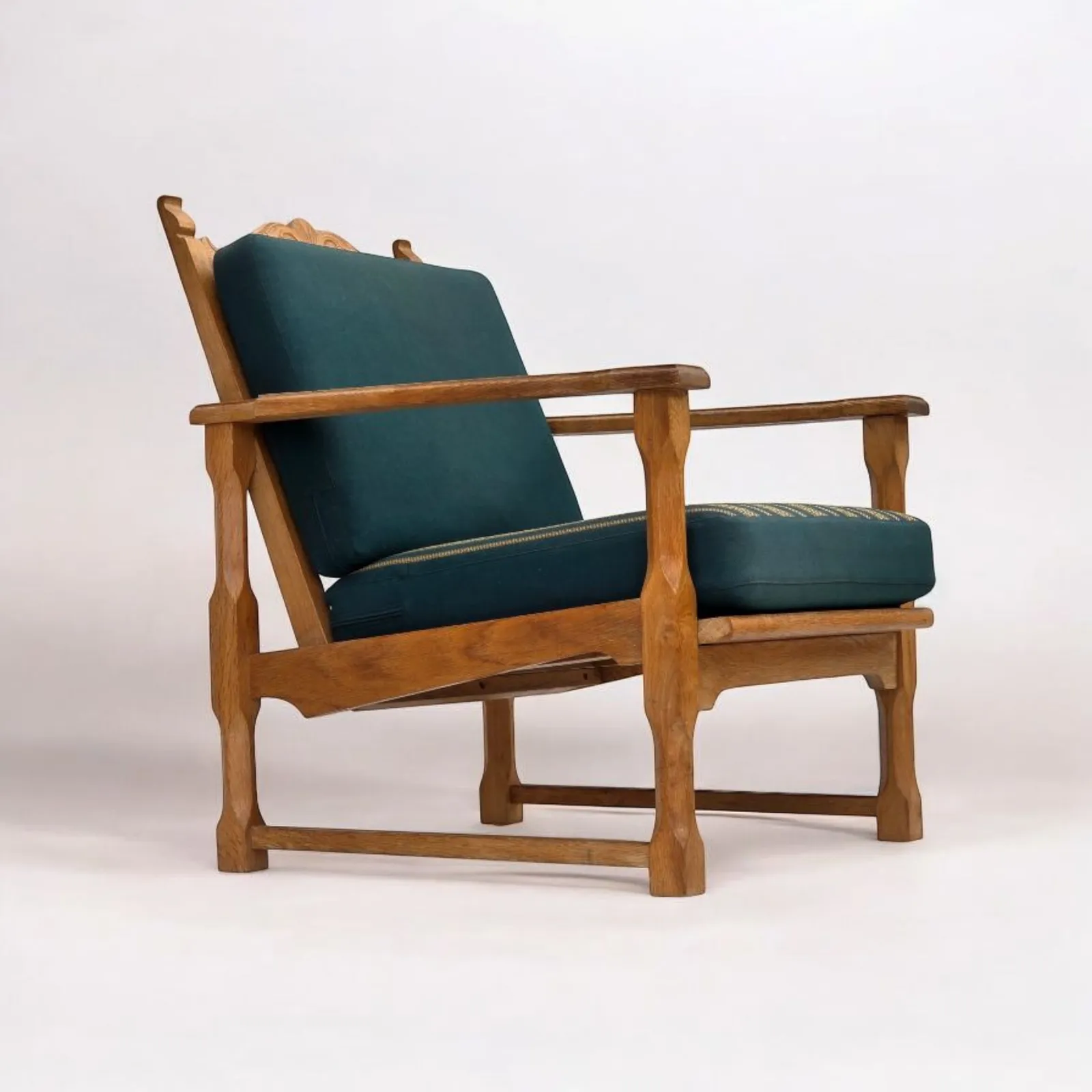 1970s, Scandinavian Lounge Chair, Green Furniture Wool, Solid Oak Wood.