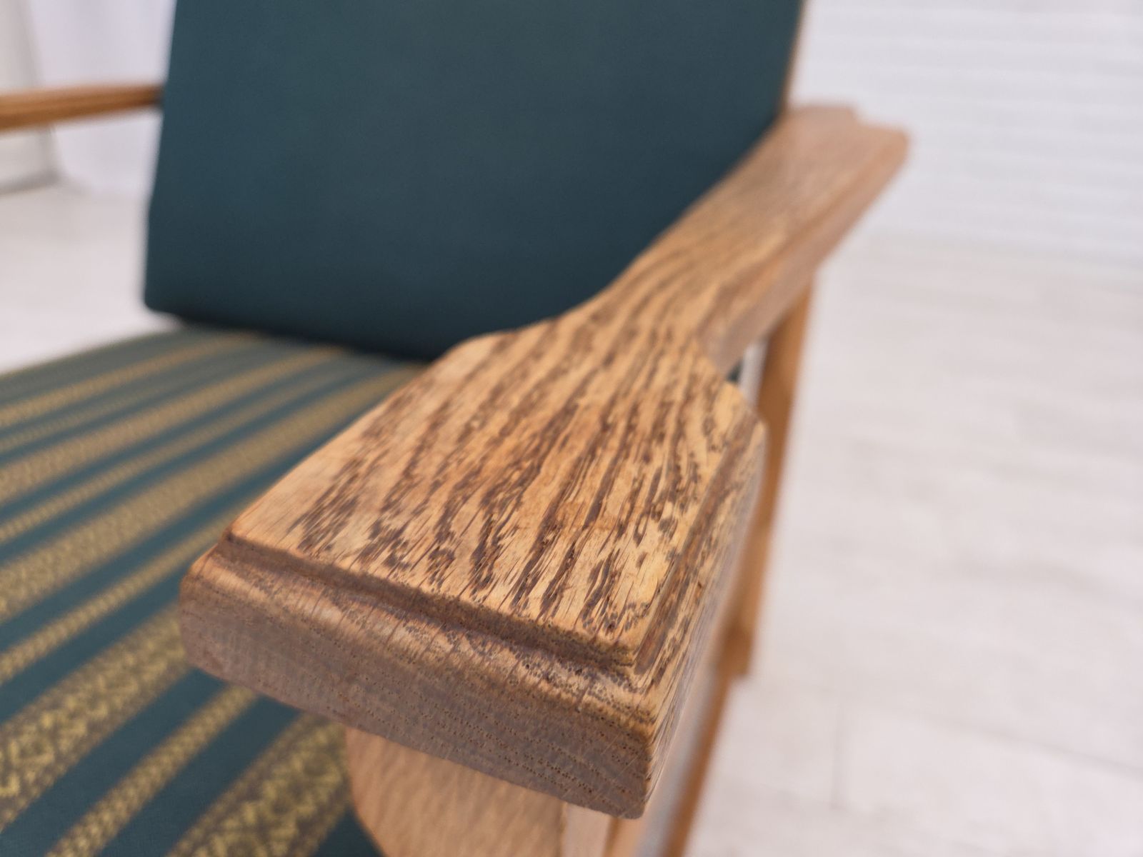 1970s, Scandinavian Lounge Chair, Green Furniture Wool, Solid Oak Wood. photo furniture