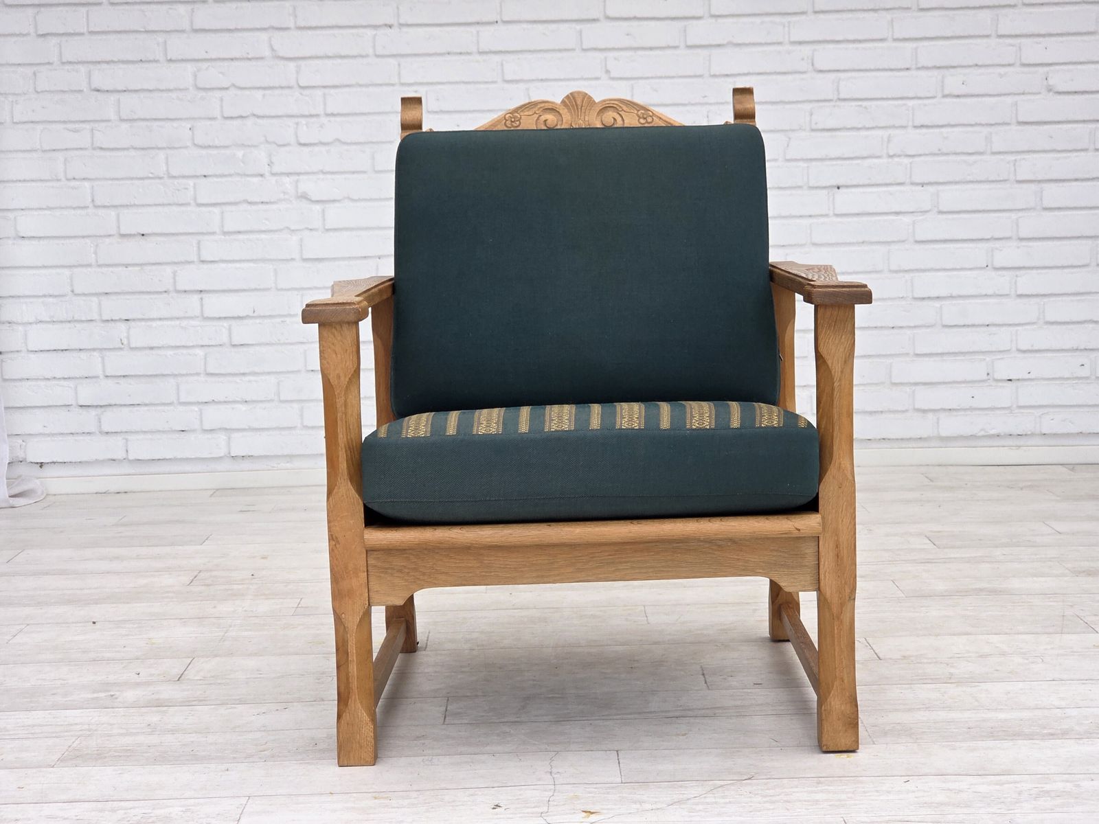 1970s, Scandinavian Lounge Chair, Green Furniture Wool, Solid Oak Wood. photo for sale