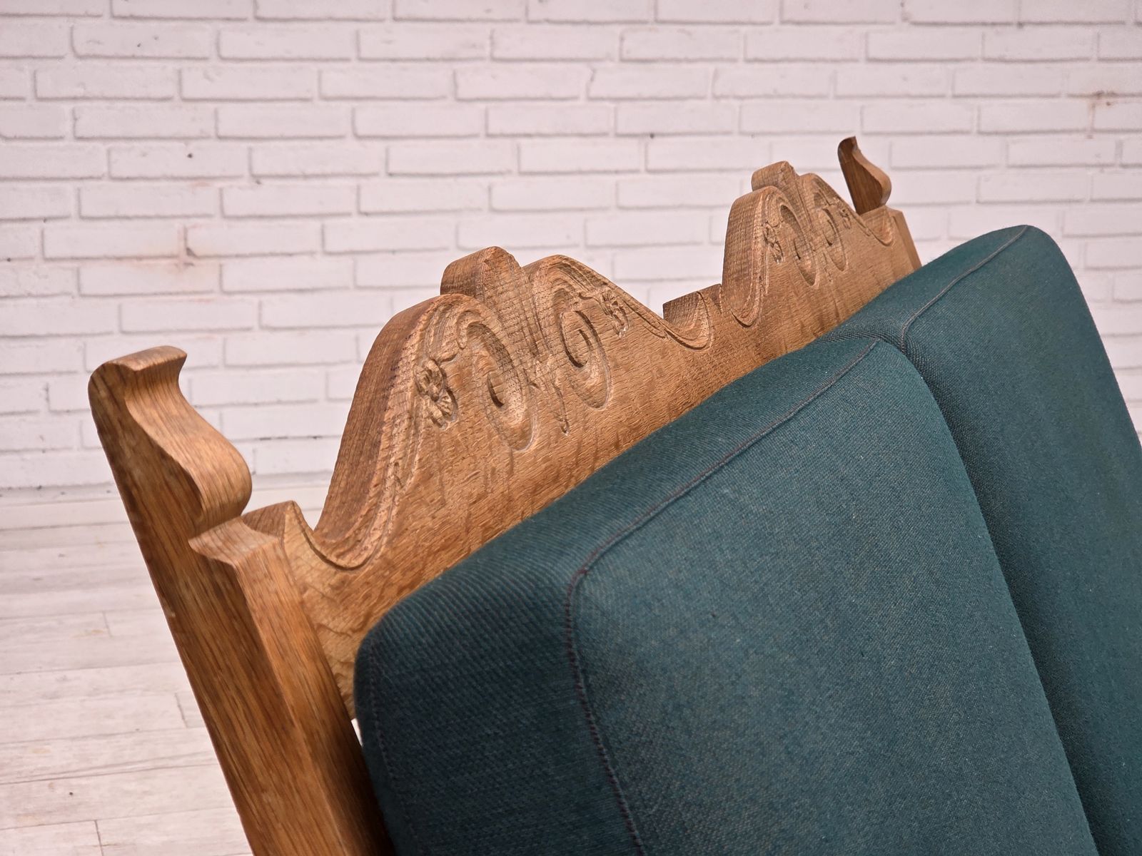 1970s, Scandinavian 2 Seater Sofa, Furniture Wool, Solid Oak Wood. photo 1550.0