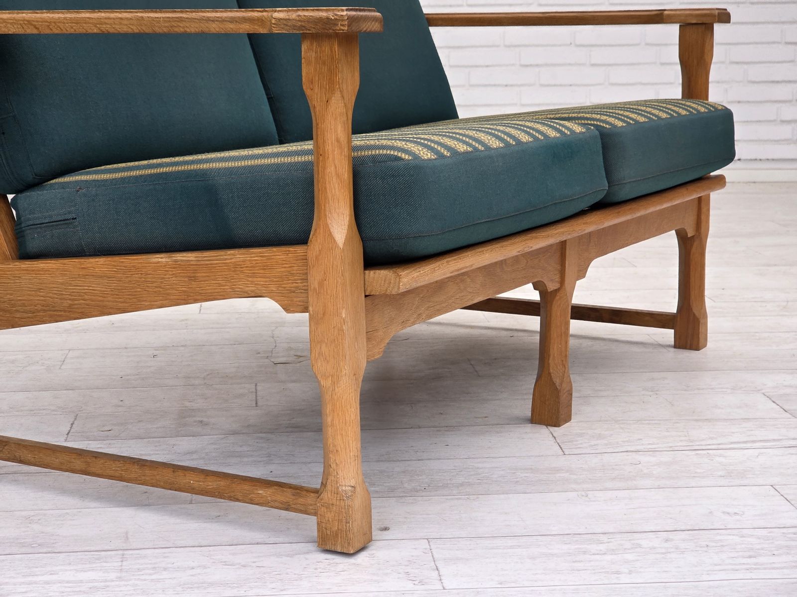 1970s, Scandinavian 2 Seater Sofa, Furniture Wool, Solid Oak Wood. photo vintage