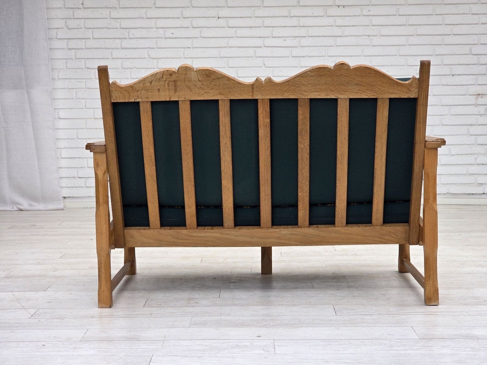 photo for sale 1970s, Scandinavian 2 Seater Sofa, Furniture Wool, Solid Oak Wood.