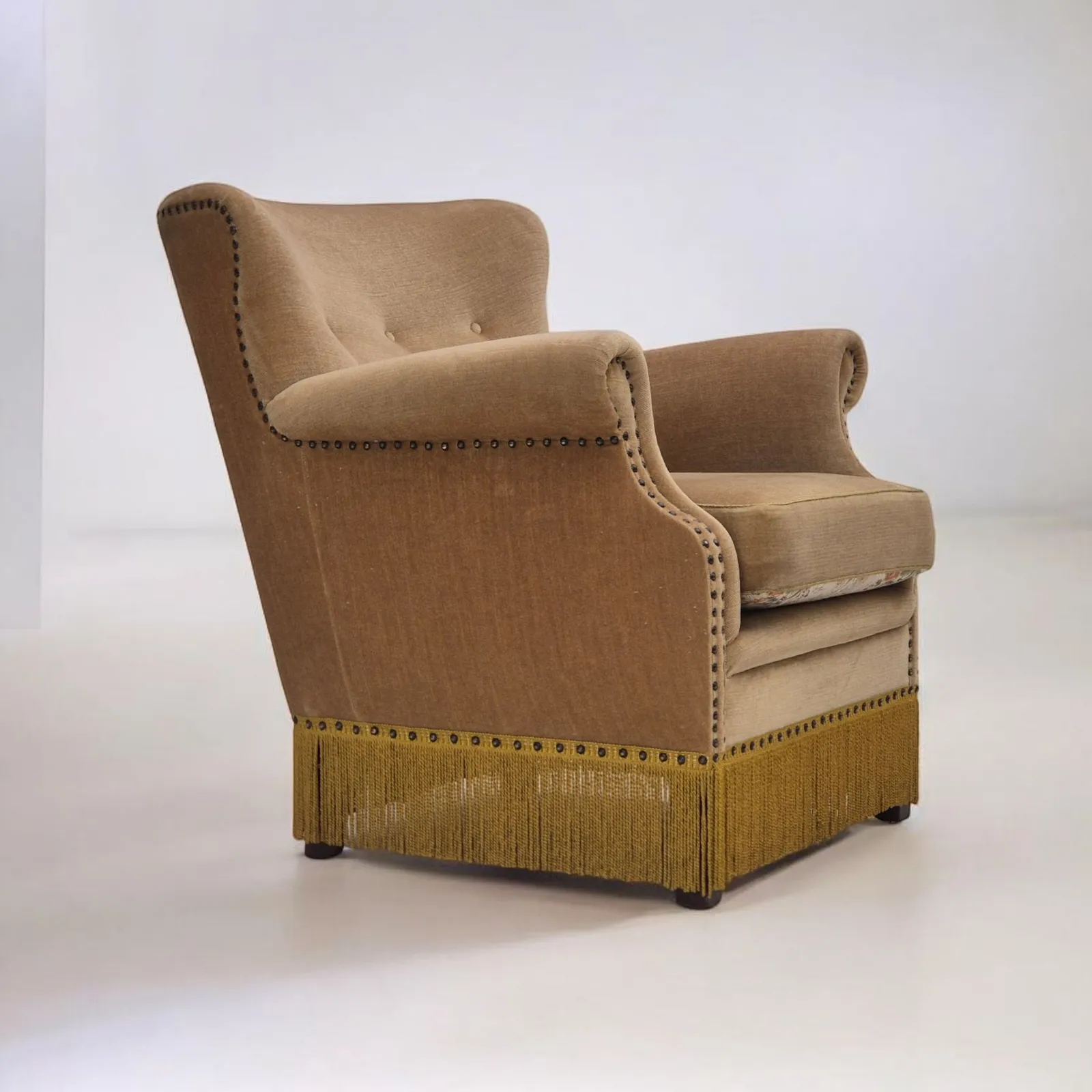 Ca. Jaren 1960, Deense Loungestoel, Groen Meubelvelours, Ongerestaureerde Staat.