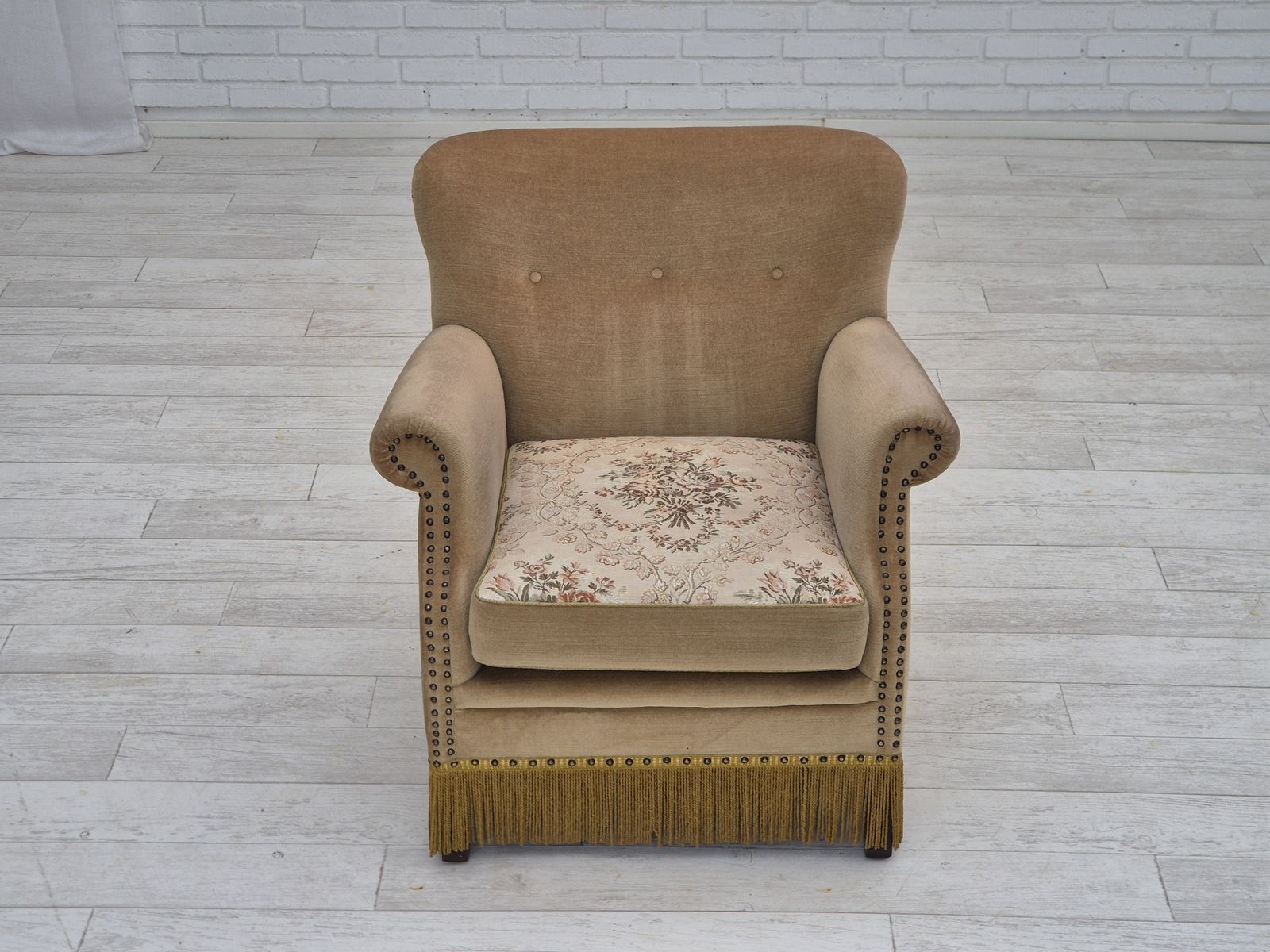 1960s, Danish Lounge Chair, Green Furniture Velour, Original Condition. photo vintage