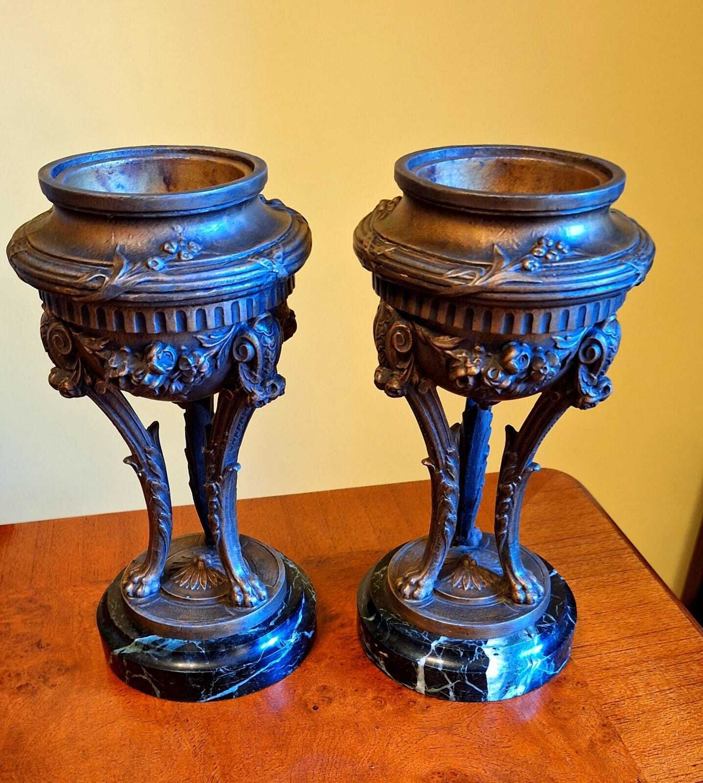 Antique Pair Of French Gilt Bronze Green Marble Cassolettes Mantel Urns photo 1495.0