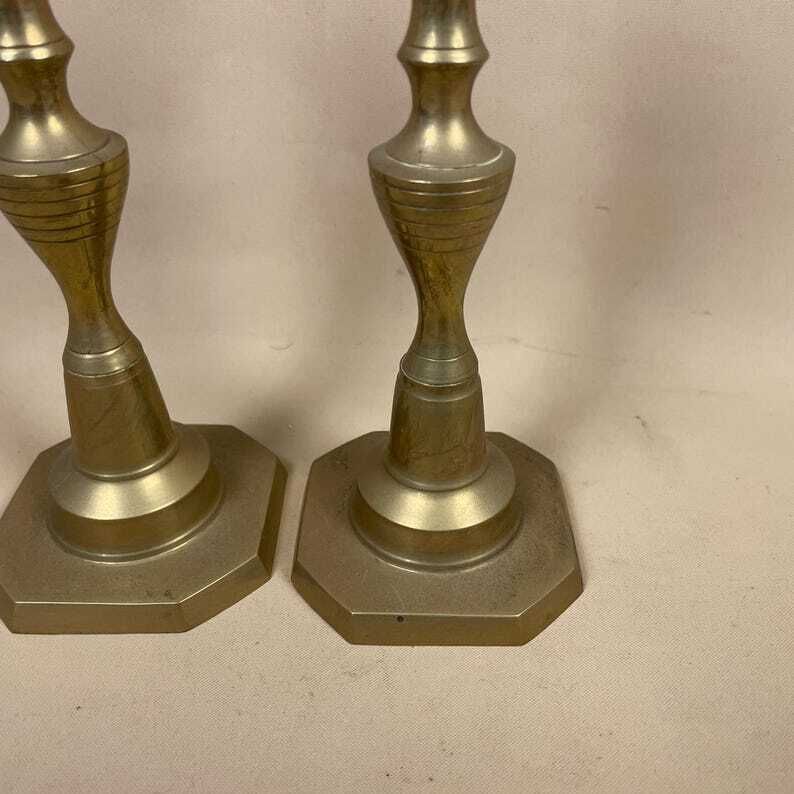 Antique Matching Pair Of Gold Brass Metal Candlestick Candle Stick Vintage Column Taper Dinner Candlesticks Base Pillar photo Home Decor