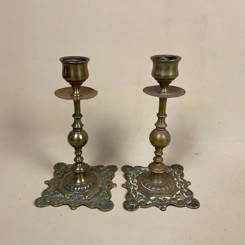 Antique Matching Pair Of Gold Solid Brass Metal Candlestick Candle Stick Vintage Column Taper Dinner Candlesticks Square Base Pillar Ornate photo for sale