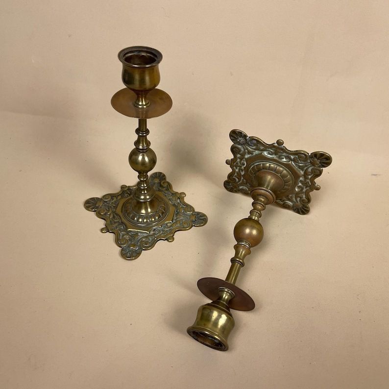 Antique Matching Pair Of Gold Solid Brass Metal Candlestick Candle Stick Vintage Column Taper Dinner Candlesticks Square Base Pillar Ornate photo Home Decor