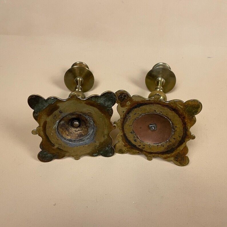 Antique Matching Pair Of Gold Solid Brass Metal Candlestick Candle Stick Vintage Column Taper Dinner Candlesticks Square Base Pillar Ornate photo vintage