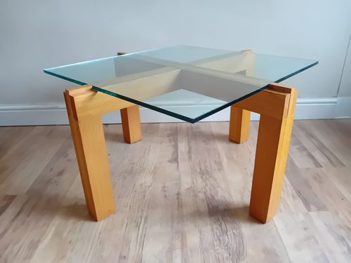Contemporary French Tempered Glass And Solid Oak Drinks /Coffee Table Of Quality