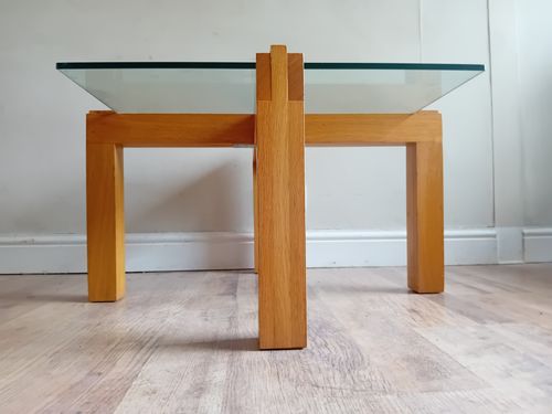 Contemporary French Tempered Glass And Solid Oak Drinks /Coffee Table Of Quality photo furniture
