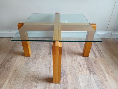Furniture Contemporary French Tempered Glass And Solid Oak Drinks /Coffee Table Of Quality photo