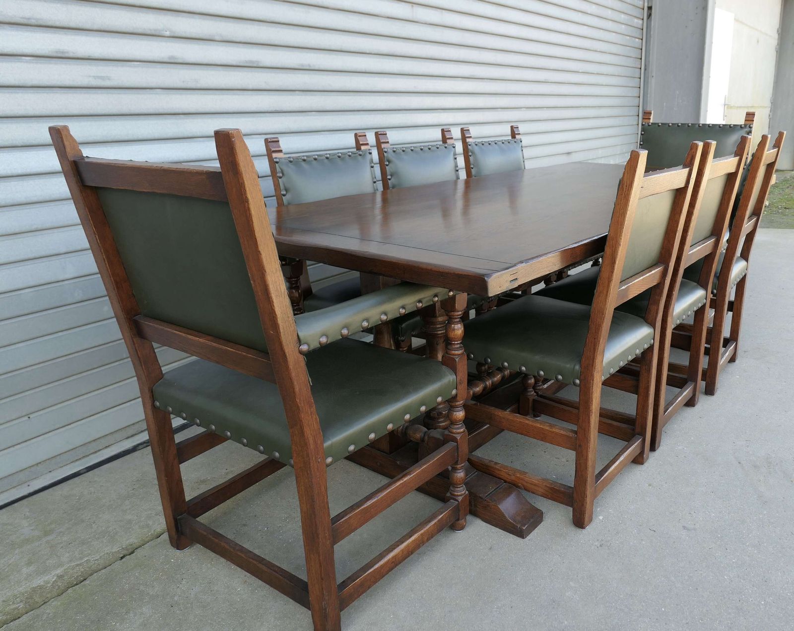 Mid Century Country Oak Refectory Table With Oak And Leather Dining Chairs photo Furniture