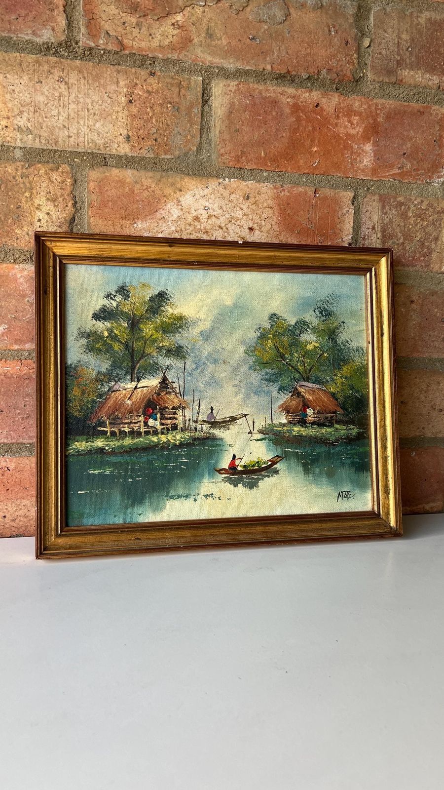 Mid Century Signed Oil Painting – Tranquil Riverside Scene
