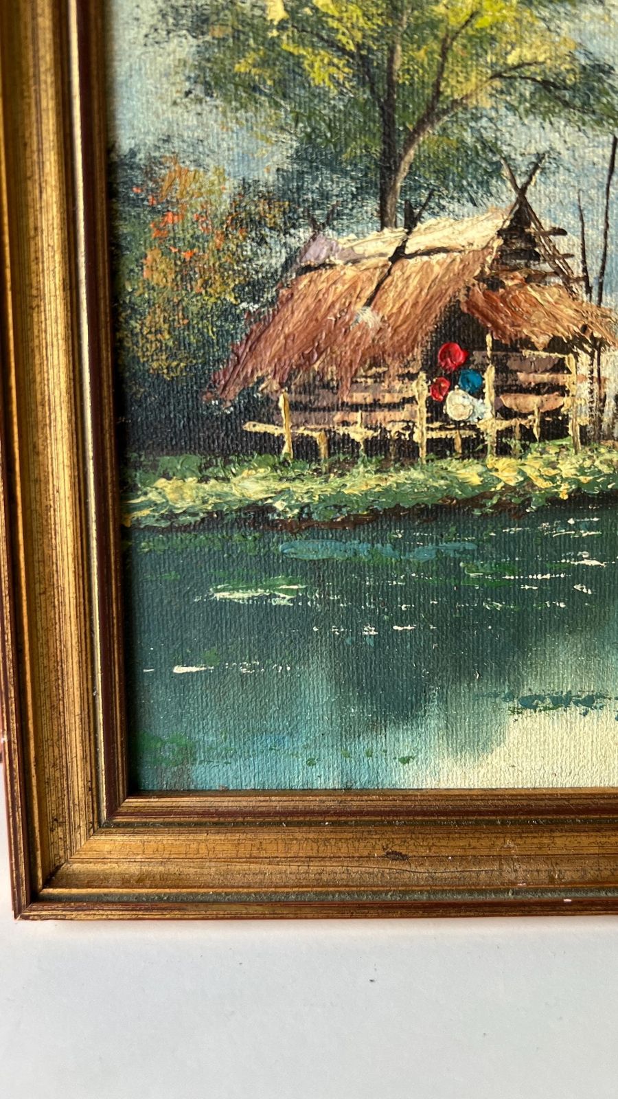 Mid Century Signed Oil Painting – Tranquil Riverside Scene photo 89.0
